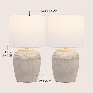 Hugo 16.75" Traditional Rustic Reeded Ceramic Vase LED Table Lamp, Set of 2
